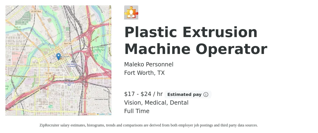Maleko Personnel job posting for a Plastic Extrusion Machine Operator in Fort Worth, TX with a salary of $18 to $25 Hourly and benefits including vision, dental, and medical with a map of Fort Worth location.