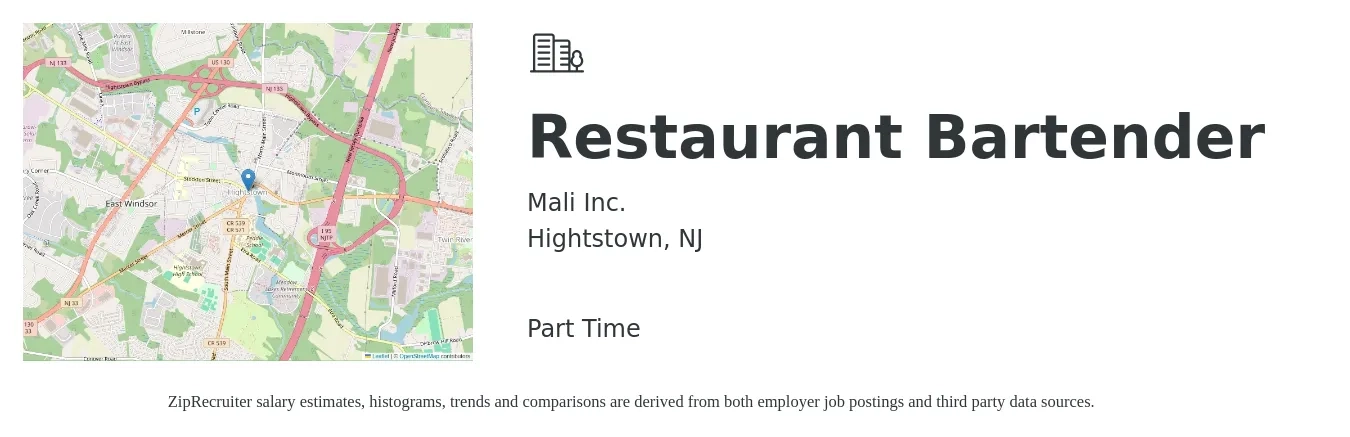 Mali Inc. job posting for a Restaurant Bartender in Hightstown, NJ with a salary of $10 to $18 Hourly with a map of Hightstown location.