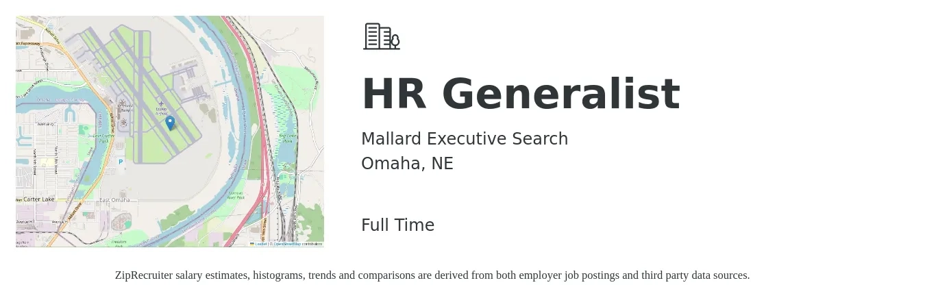 Mallard Executive Search job posting for a HR Generalist in Omaha, NE with a salary of $49,700 to $70,800 Yearly with a map of Omaha location.