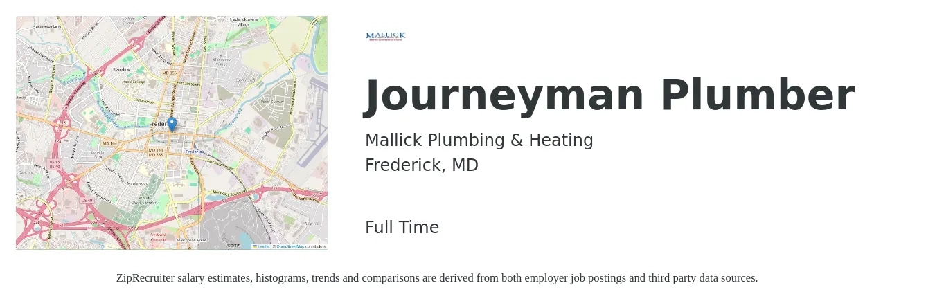 Mallick Plumbing & Heating job posting for a Journeyman Plumber in Frederick, MD with a salary of $28 to $40 Hourly with a map of Frederick location.