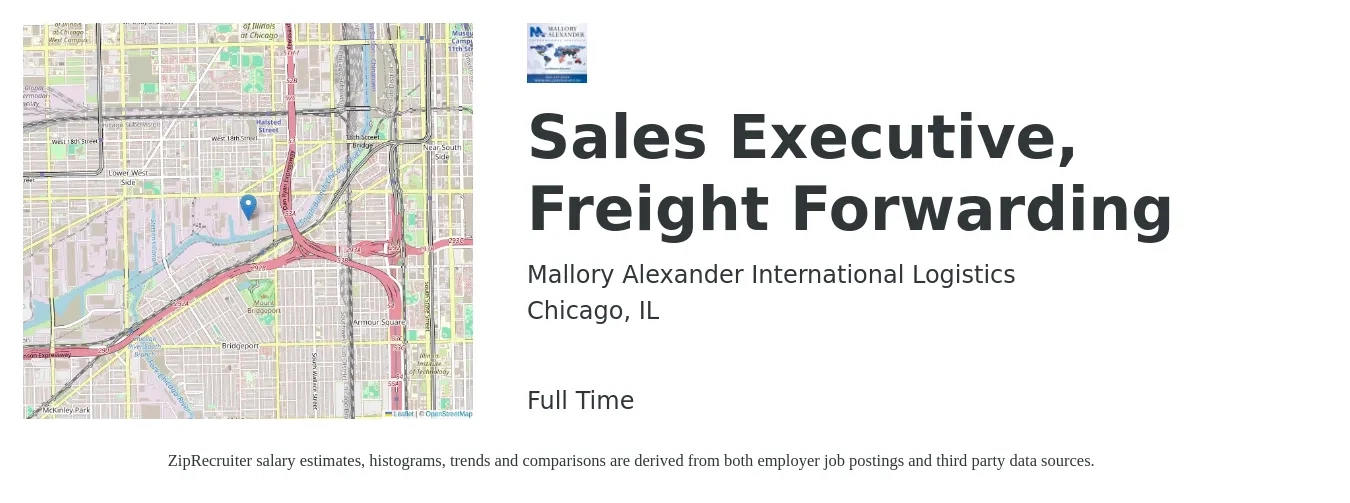 Mallory Alexander International Logistics job posting for a Sales Executive, Freight Forwarding in Chicago, IL with a salary of $58,700 to $101,000 Yearly with a map of Chicago location.