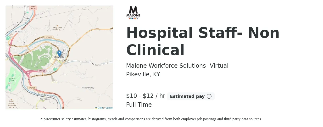 Malone Workforce Solutions- Virtual job posting for a Hospital Staff- Non Clinical in Pikeville, KY with a salary of $11 to $13 Hourly with a map of Pikeville location.