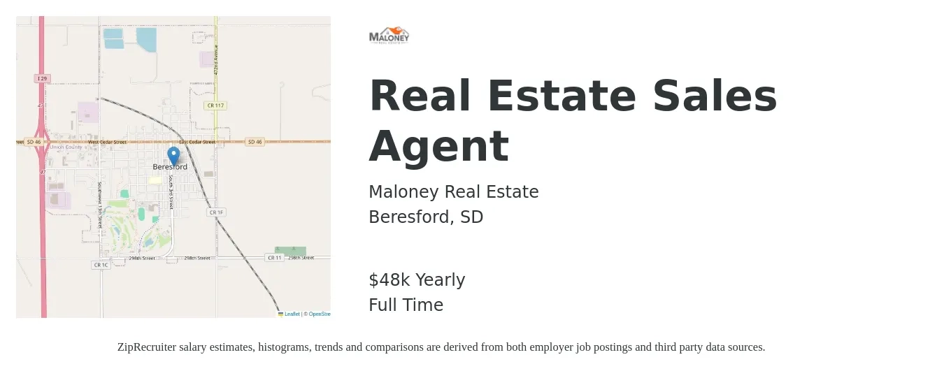 Maloney Real Estate job posting for a Real Estate Sales Agent in Beresford, SD with a salary of $48,227 Yearly with a map of Beresford location.