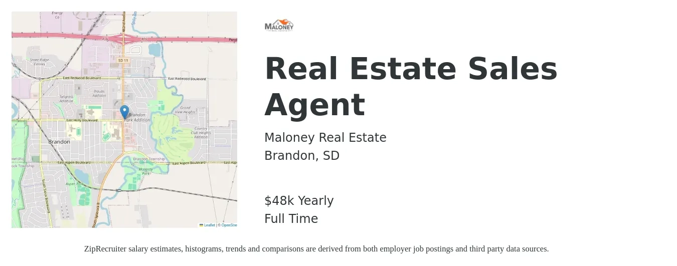 Maloney Real Estate job posting for a Real Estate Sales Agent in Brandon, SD with a salary of $48,227 Yearly with a map of Brandon location.