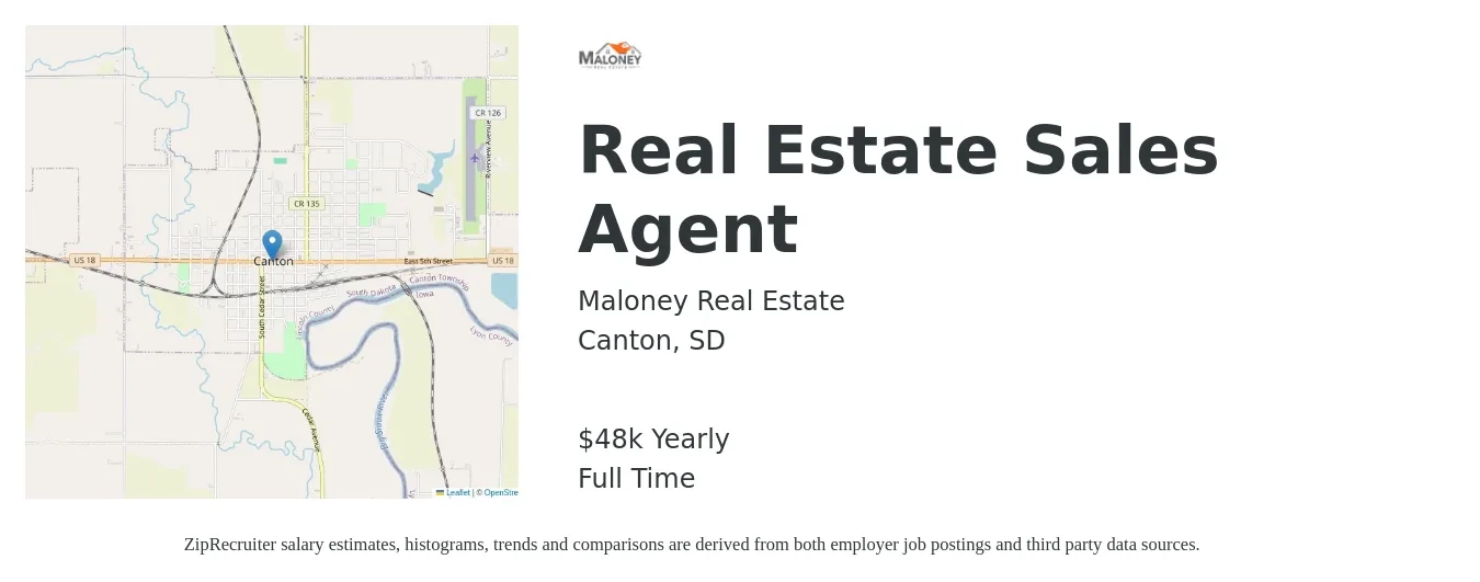 Maloney Real Estate job posting for a Real Estate Sales Agent in Canton, SD with a salary of $48,227 Yearly with a map of Canton location.
