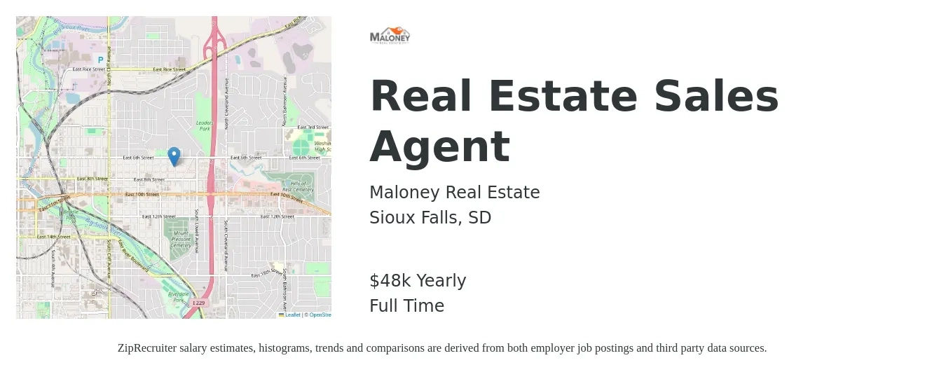 Maloney Real Estate job posting for a Real Estate Sales Agent in Sioux Falls, SD with a salary of $48,227 Yearly with a map of Sioux Falls location.