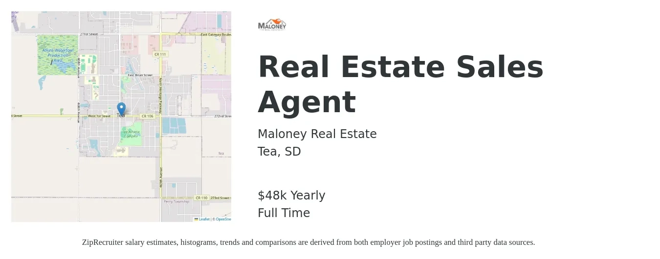 Maloney Real Estate job posting for a Real Estate Sales Agent in Tea, SD with a salary of $48,227 Yearly with a map of Tea location.