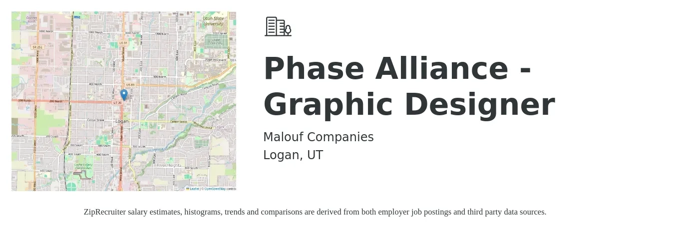 Malouf Companies job posting for a Phase Alliance - Graphic Designer in Logan, UT with a salary of $18 to $28 Hourly with a map of Logan location.