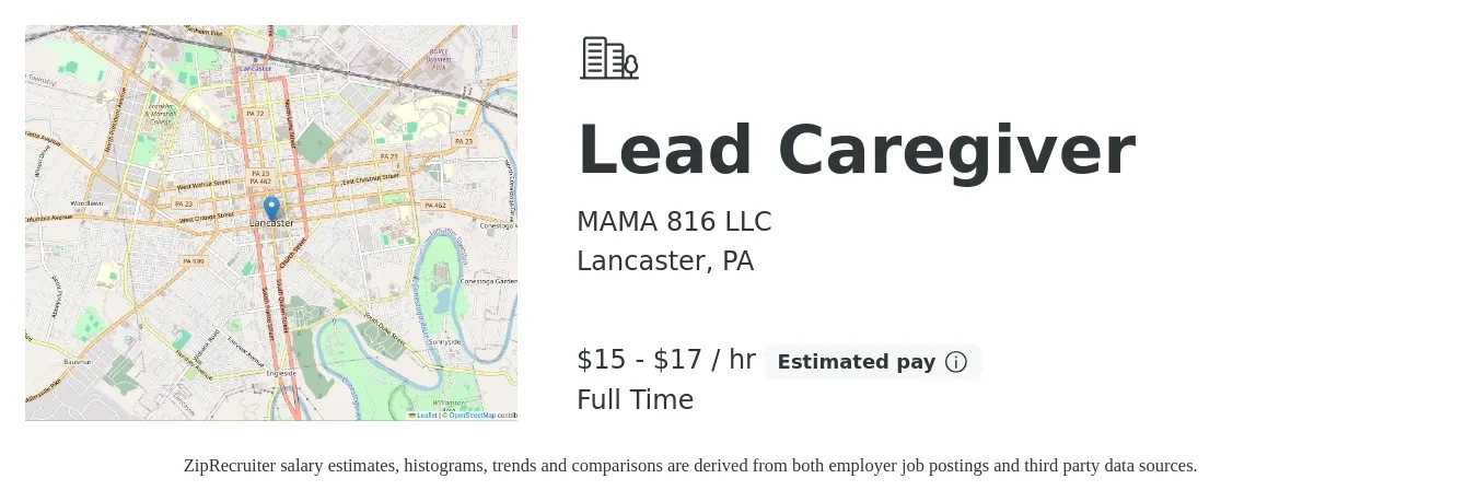 MAMA 816 LLC job posting for a Lead Caregiver in Lancaster, PA with a salary of $16 to $18 Hourly with a map of Lancaster location.