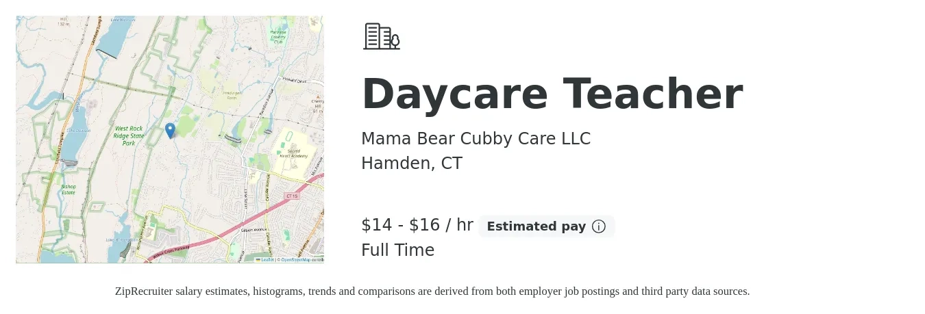 Mama Bear Cubby Care LLC job posting for a Daycare Teacher in Hamden, CT with a salary of $15 to $17 Hourly with a map of Hamden location.