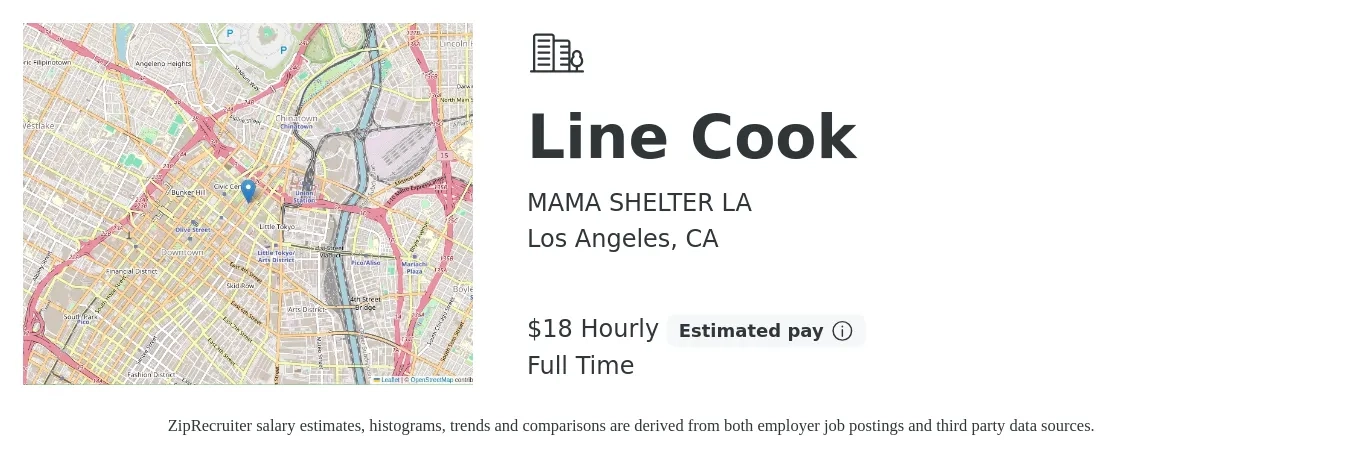 MAMA SHELTER LA job posting for a Line Cook in Los Angeles, CA with a salary of $20 Hourly with a map of Los Angeles location.