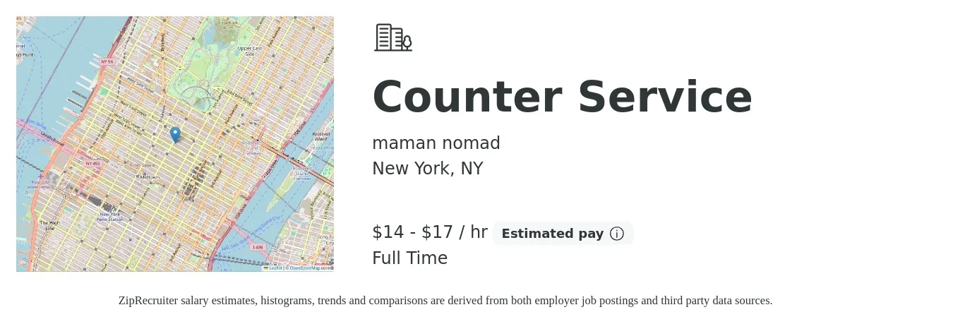 maman nomad job posting for a Counter Service in New York, NY with a salary of $15 to $18 Hourly with a map of New York location.