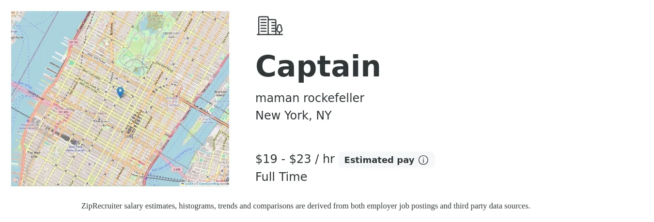 maman rockefeller job posting for a Captain in New York, NY with a salary of $20 to $24 Hourly with a map of New York location.