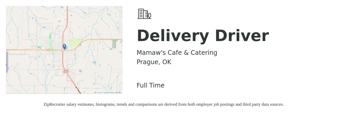 Mamaw's Cafe & Catering job posting for a Delivery Driver in Prague, OK with a salary of $14 to $18 Hourly with a map of Prague location.