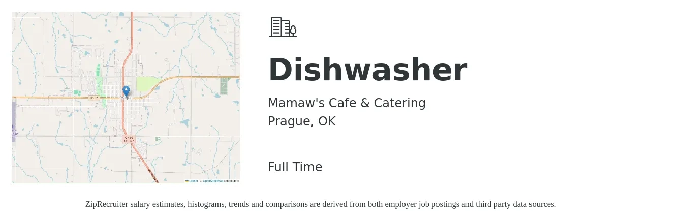 Mamaw's Cafe & Catering job posting for a Dishwasher in Prague, OK with a salary of $11 to $14 Hourly with a map of Prague location.