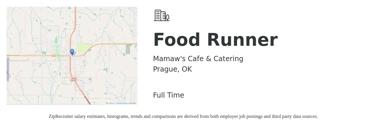 Mamaw's Cafe & Catering job posting for a Food Runner in Prague, OK with a salary of $9 to $14 Hourly with a map of Prague location.