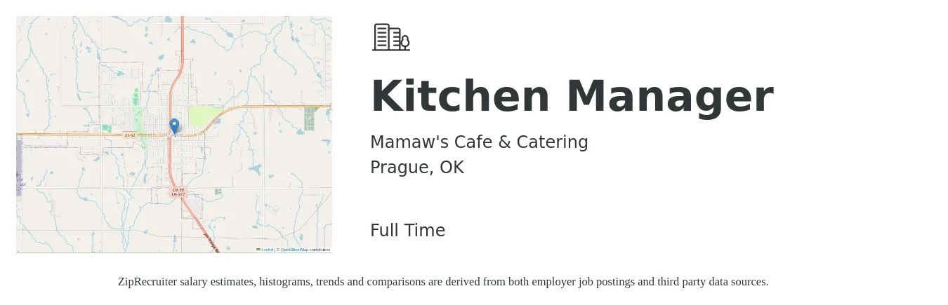 Mamaw's Cafe & Catering job posting for a Kitchen Manager in Prague, OK with a salary of $33,100 to $53,100 Yearly with a map of Prague location.