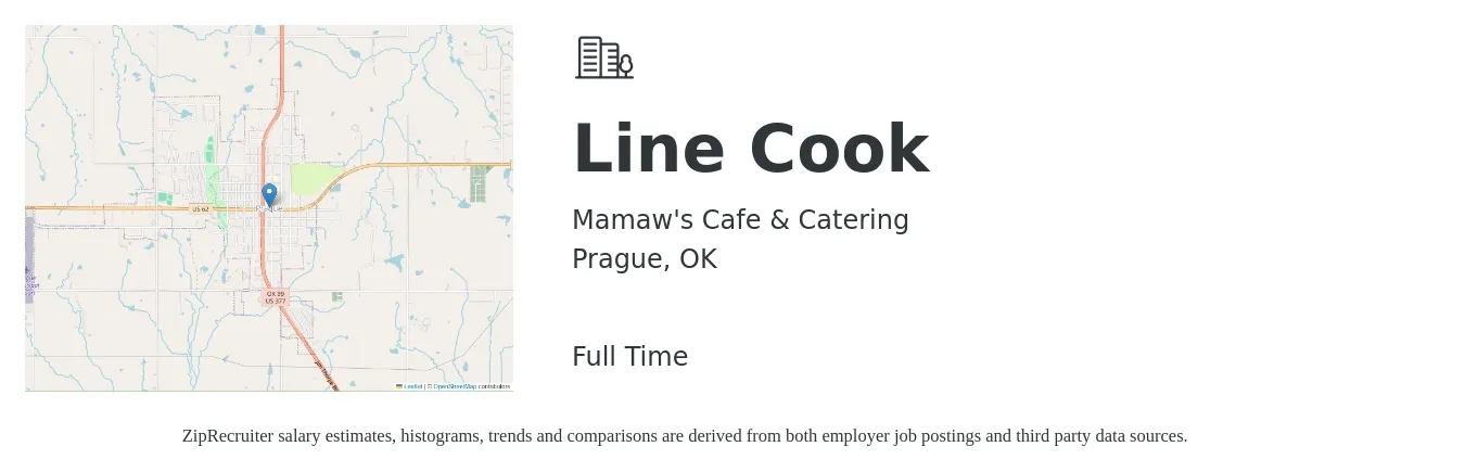 Mamaw's Cafe & Catering job posting for a Line Cook in Prague, OK with a salary of $12 to $18 Hourly with a map of Prague location.