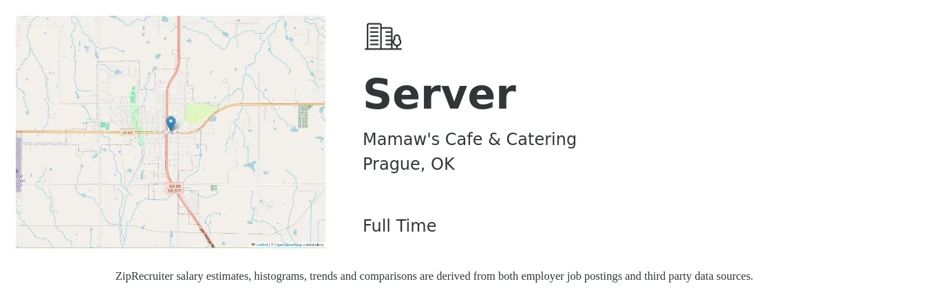 Mamaw's Cafe & Catering job posting for a Server in Prague, OK with a salary of $9 to $15 Hourly with a map of Prague location.