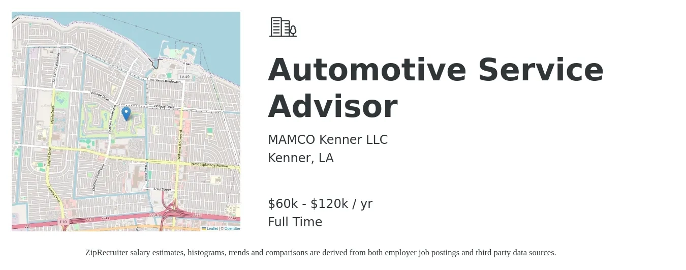 MAMCO Kenner LLC job posting for a Automotive Service Advisor in Kenner, LA with a salary of $60,000 to $120,000 Yearly with a map of Kenner location.