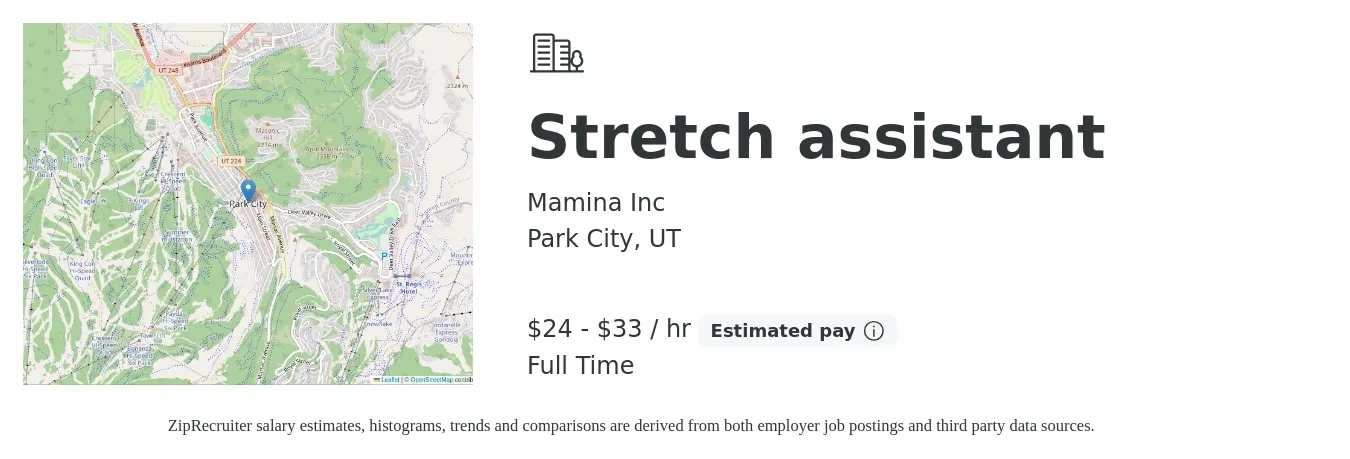 Mamina Inc job posting for a Stretch assistant in Park City, UT with a salary of $25 to $35 Hourly (plus commission) with a map of Park City location.