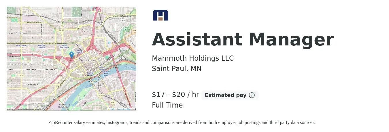 Mammoth Holdings LLC job posting for a Assistant Manager in Saint Paul, MN with a salary of $18 to $21 Hourly with a map of Saint Paul location.