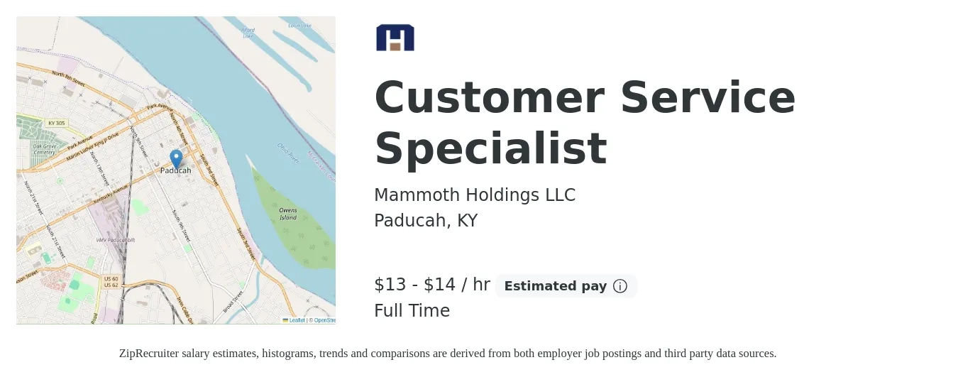 Mammoth Holdings LLC job posting for a Customer Service Specialist in Paducah, KY with a salary of $14 to $15 Hourly with a map of Paducah location.