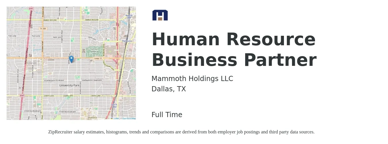 Mammoth Holdings LLC job posting for a Human Resource Business Partner in Dallas, TX with a salary of $66,000 to $93,900 Yearly with a map of Dallas location.