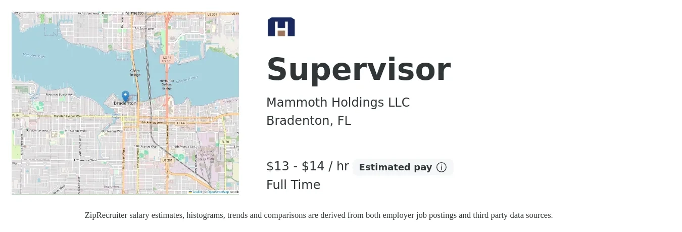 Mammoth Holdings LLC job posting for a Supervisor in Bradenton, FL with a salary of $14 to $15 Hourly with a map of Bradenton location.