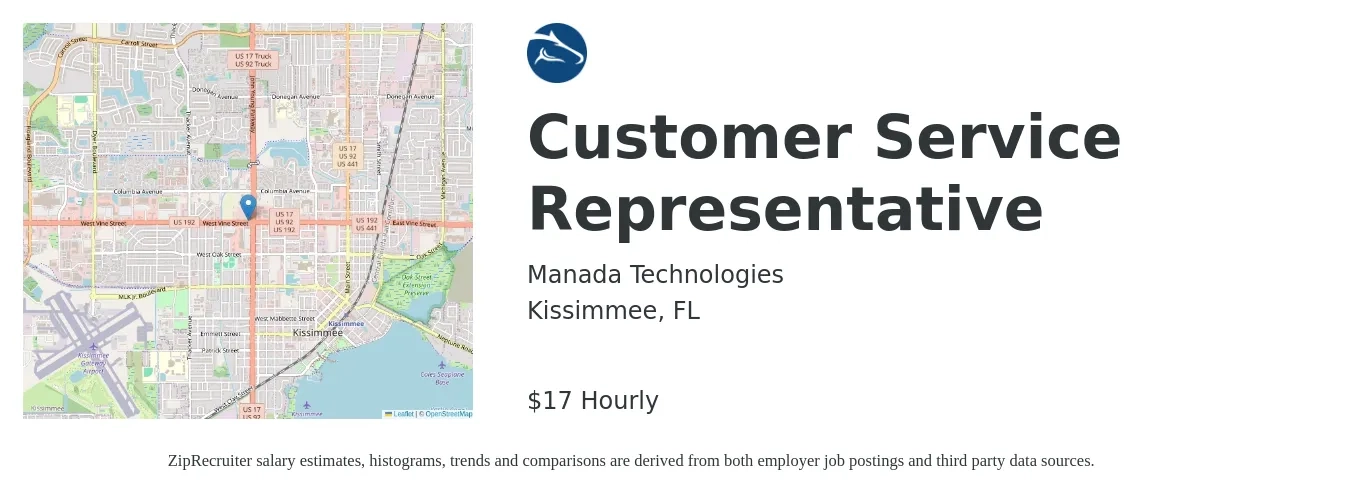 Manada Technologies job posting for a Customer Service Representative in Kissimmee, FL with a salary of $18 Hourly with a map of Kissimmee location.