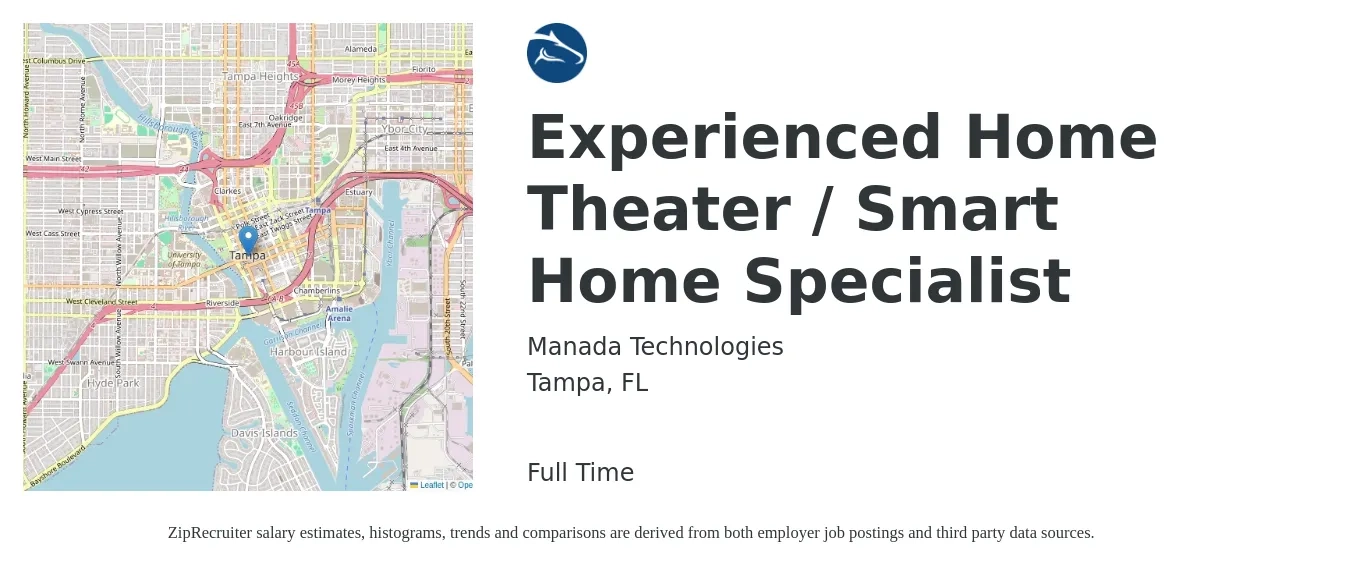 Manada Technologies job posting for a Experienced Home Theater / Smart Home Specialist in Tampa, FL with a salary of $16 to $26 Hourly with a map of Tampa location.