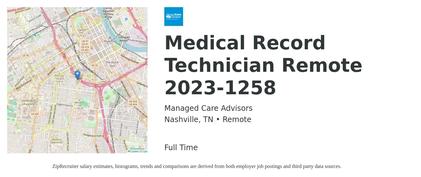 Managed Care Advisors job posting for a Medical Record Technician Remote 2023-1258 in Nashville, TN with a salary of $37,200 to $46,800 Yearly with a map of Nashville location.