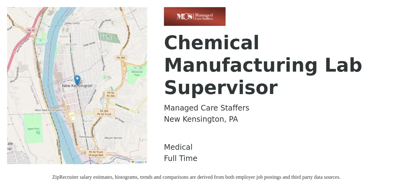 Managed Care Staffers job posting for a Chemical Manufacturing Lab Supervisor in New Kensington, PA with a salary of $75,000 Yearly and benefits including medical, and pto with a map of New Kensington location.