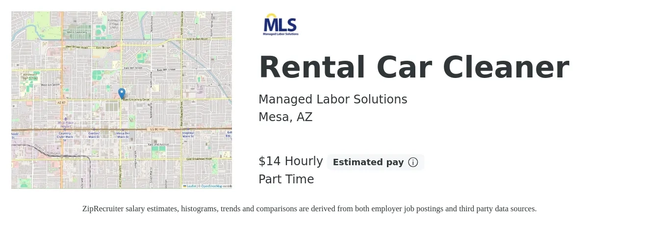 Managed Labor Solutions job posting for a Rental Car Cleaner in Mesa, AZ with a salary of $16 Hourly with a map of Mesa location.