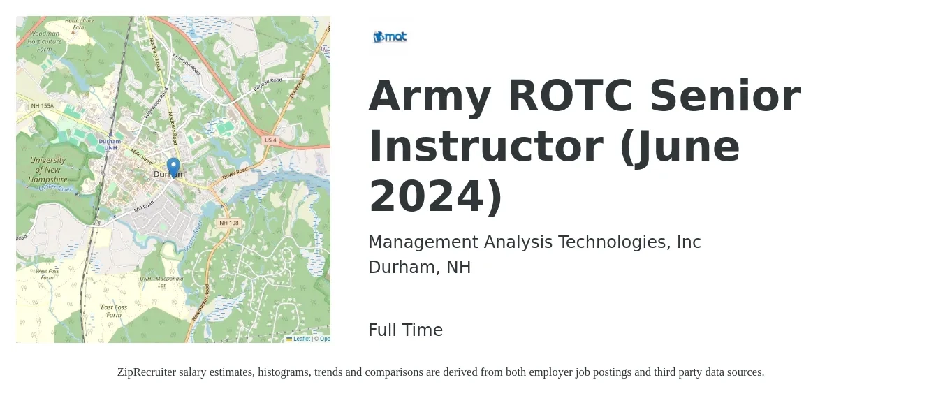 Management Analysis Technologies, Inc (MAT) job posting for a Army ROTC Senior Instructor (June 2024) in Durham, NH with a map of Durham location.