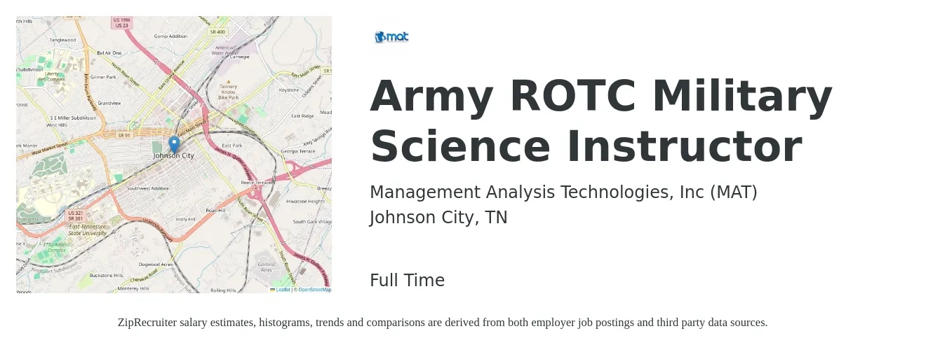 Management Analysis Technologies, Inc (MAT) job posting for a Army ROTC Military Science Instructor in Johnson City, TN with a salary of $26 to $35 Hourly with a map of Johnson City location.