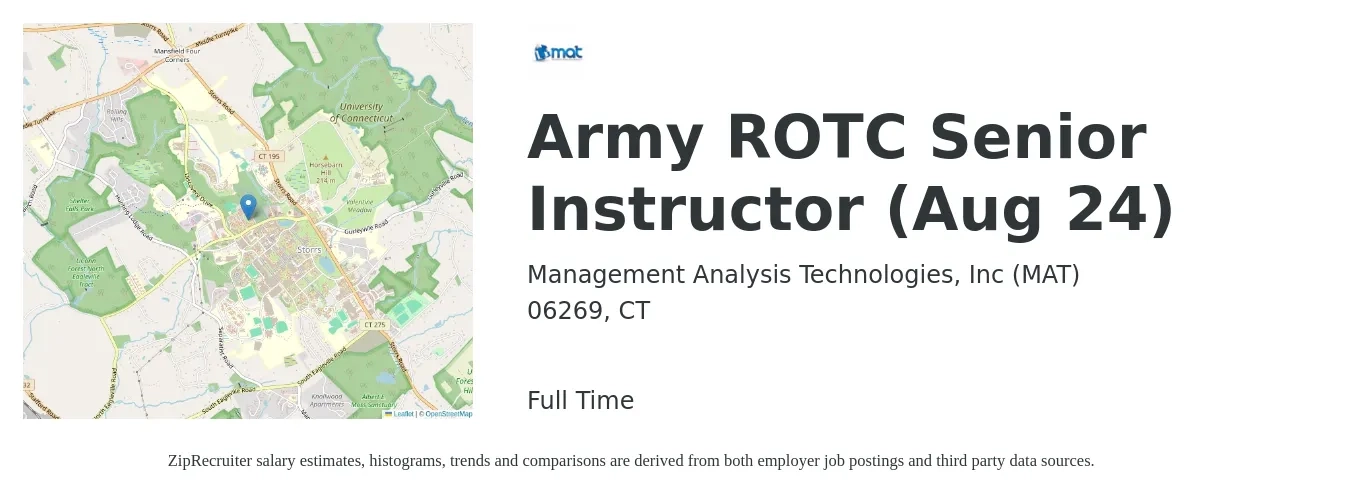 Management Analysis Technologies, Inc (MAT) job posting for a Army ROTC Senior Instructor (Aug 24) in 06269, CT with a map of 06269 location.