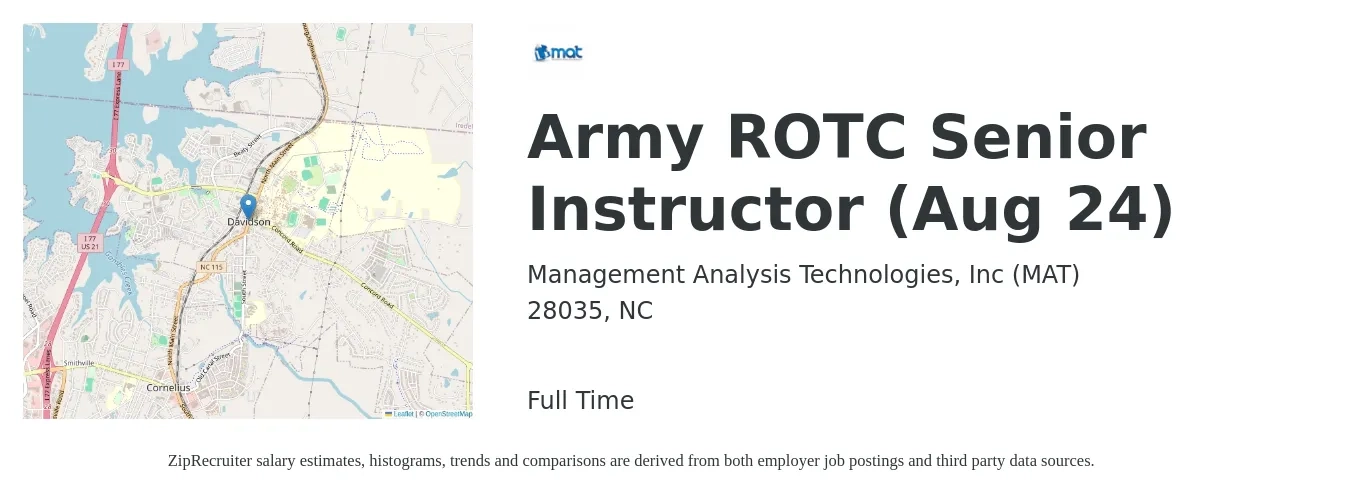Management Analysis Technologies, Inc (MAT) job posting for a Army ROTC Senior Instructor (Aug 24) in 28035, NC with a map of 28035 location.