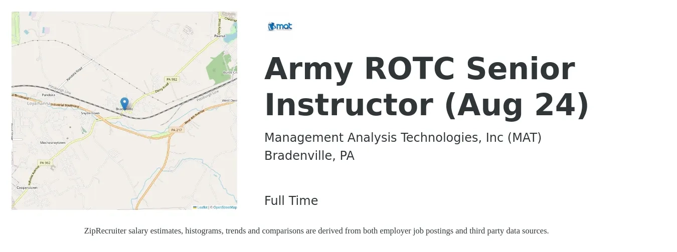 Management Analysis Technologies, Inc (MAT) job posting for a Army ROTC Senior Instructor (Aug 24) in Bradenville, PA with a map of Bradenville location.