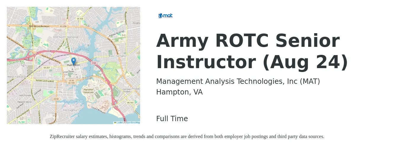 Management Analysis Technologies, Inc (MAT) job posting for a Army ROTC Senior Instructor (Aug 24) in Hampton, VA with a map of Hampton location.