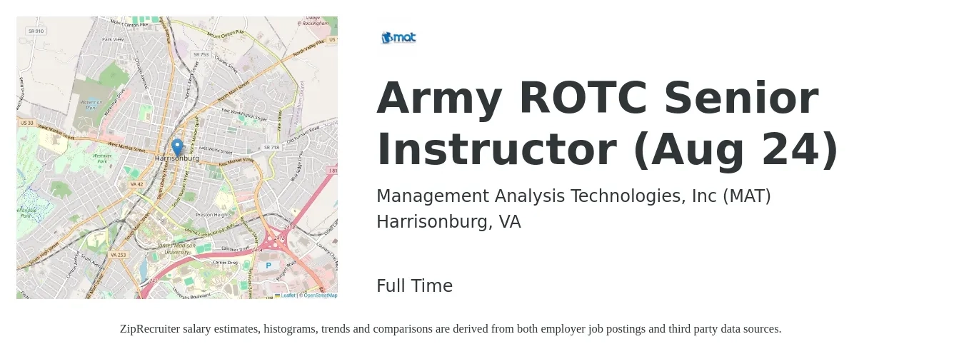 Management Analysis Technologies, Inc (MAT) job posting for a Army ROTC Senior Instructor (Aug 24) in Harrisonburg, VA with a map of Harrisonburg location.