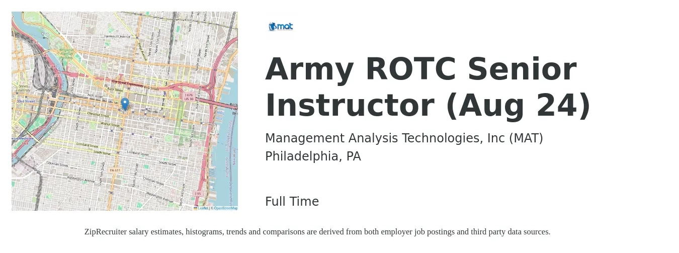 Management Analysis Technologies, Inc (MAT) job posting for a Army ROTC Senior Instructor (Aug 24) in Philadelphia, PA with a map of Philadelphia location.