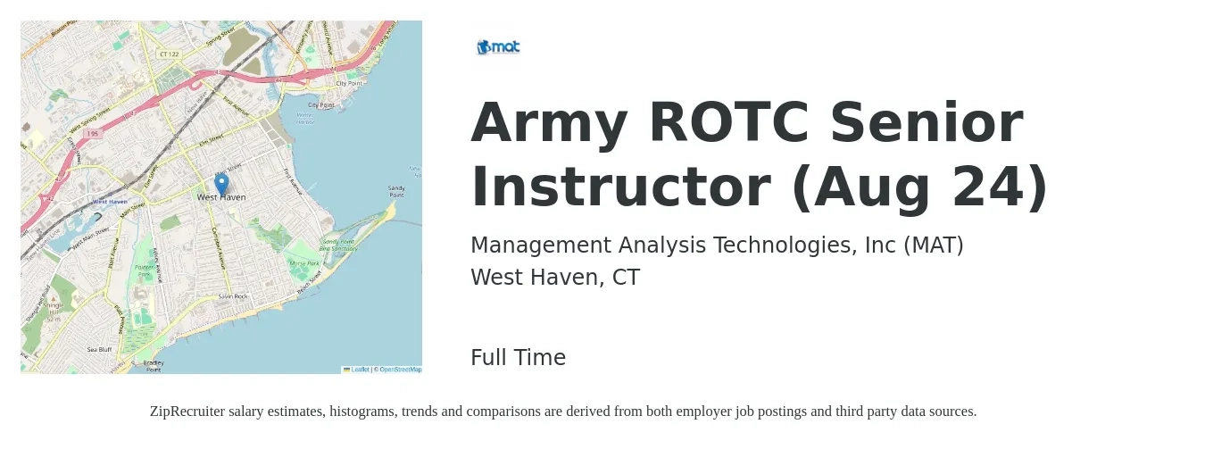 Management Analysis Technologies, Inc (MAT) job posting for a Army ROTC Senior Instructor (Aug 24) in West Haven, CT with a map of West Haven location.