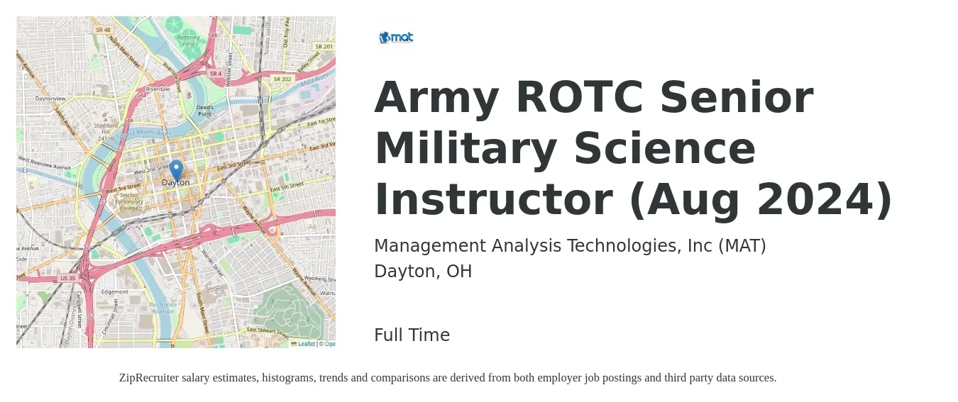 Management Analysis Technologies, Inc (MAT) job posting for a Army ROTC Senior Military Science Instructor (Aug 2024) in Dayton, OH with a map of Dayton location.