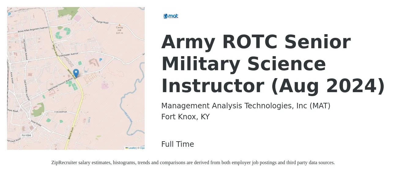 Management Analysis Technologies, Inc (MAT) job posting for a Army ROTC Senior Military Science Instructor (Aug 2024) in Fort Knox, KY with a map of Fort Knox location.