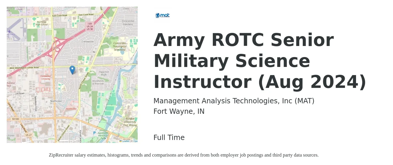Management Analysis Technologies, Inc (MAT) job posting for a Army ROTC Senior Military Science Instructor (Aug 2024) in Fort Wayne, IN with a map of Fort Wayne location.