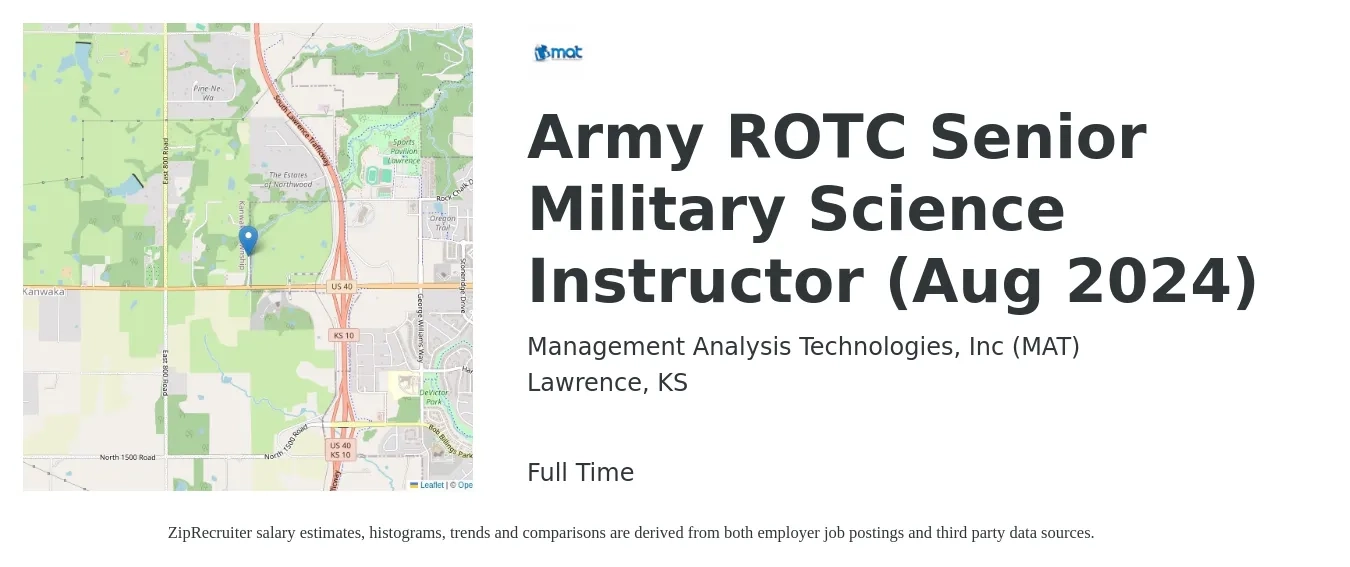 Management Analysis Technologies, Inc (MAT) job posting for a Army ROTC Senior Military Science Instructor (Aug 2024) in Lawrence, KS with a map of Lawrence location.