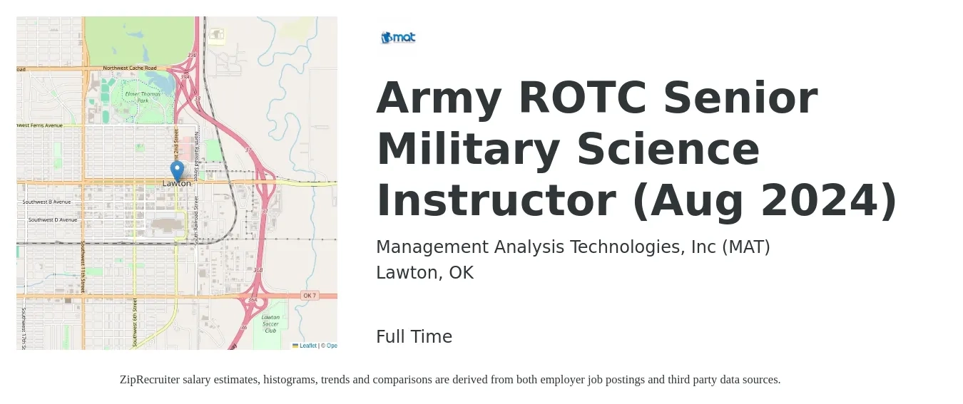 Management Analysis Technologies, Inc (MAT) job posting for a Army ROTC Senior Military Science Instructor (Aug 2024) in Lawton, OK with a map of Lawton location.