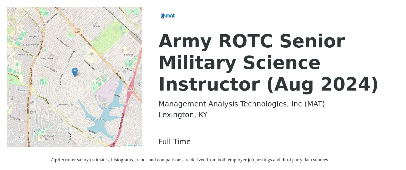 Management Analysis Technologies, Inc (MAT) job posting for a Army ROTC Senior Military Science Instructor (Aug 2024) in Lexington, KY with a map of Lexington location.
