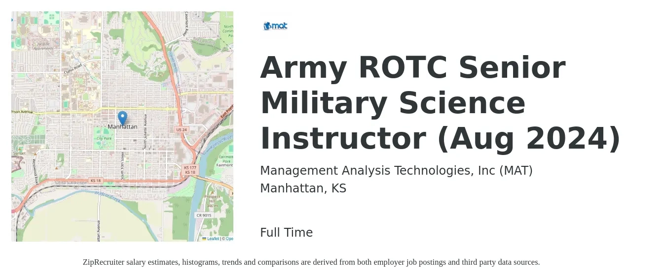 Management Analysis Technologies, Inc (MAT) job posting for a Army ROTC Senior Military Science Instructor (Aug 2024) in Manhattan, KS with a map of Manhattan location.